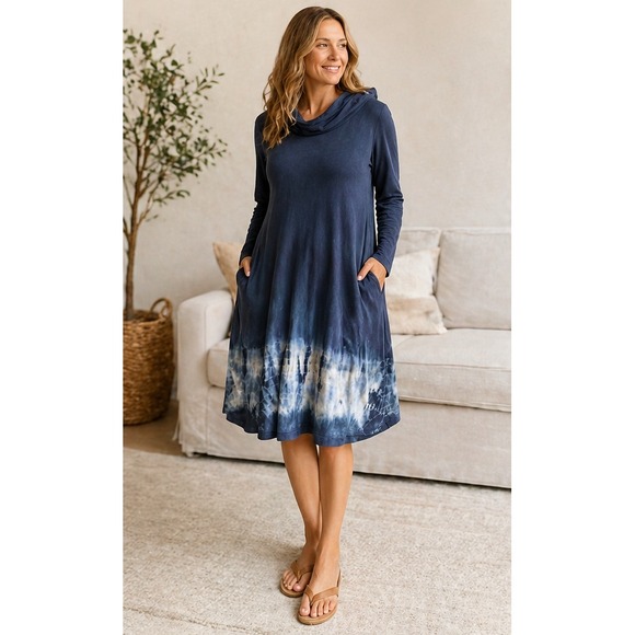 Soft Surroundings Dresses & Skirts - Soft‎ Surroundings XL Hooded Cowl Neck Dress Blue Tie Dye Hem Boho Lounge USA